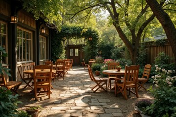 Obraz premium Sunlit Patio With Wooden Tables And Chairs In A Garden Setting