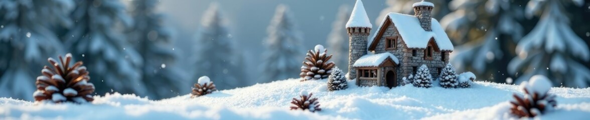 Naklejka premium pinecones scattered around a miniature castle in the snow, winter wonderland, snowy landscape, icy
