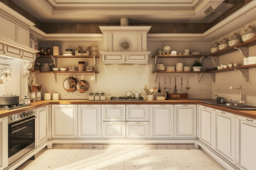 white and wooden home kitchen interior, elegant cabinets and stylish kitchenware