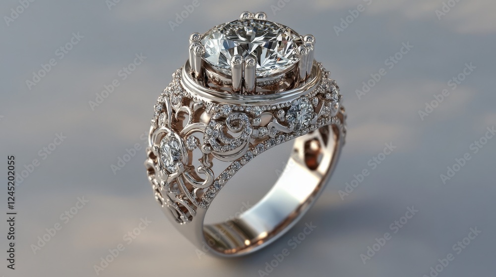 Poster computer screen displaying a detailed, realistic d design of a custom wedding ring with diamond acce
