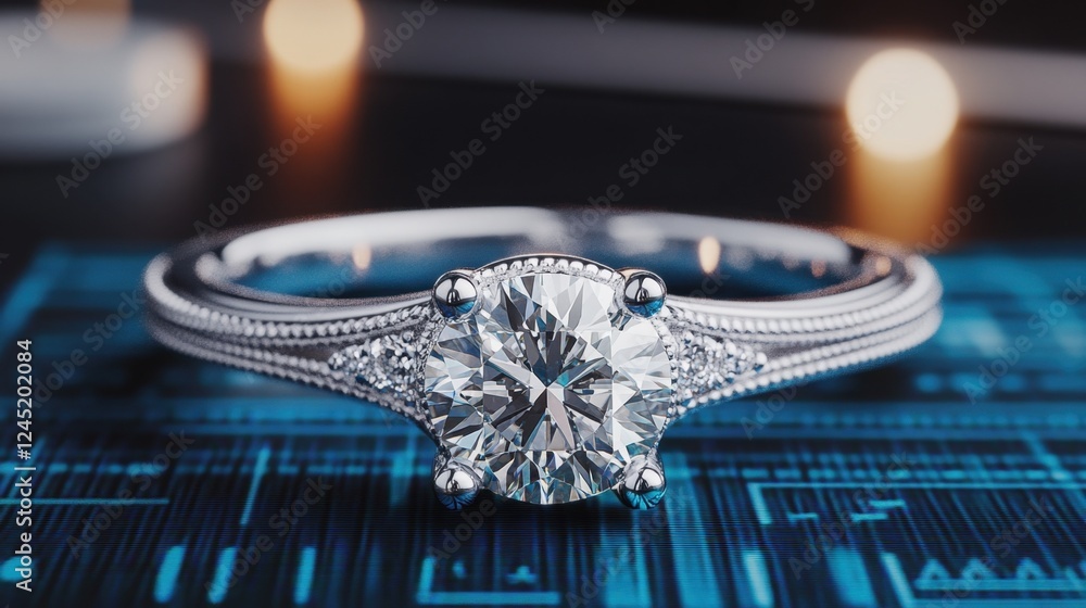 Poster computer screen displaying a detailed, realistic d design of a custom wedding ring with diamond acce