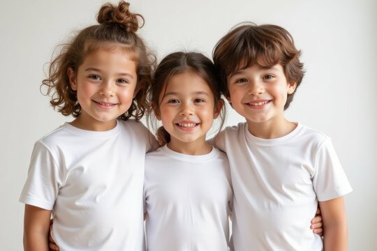 Three smiling children wearing white shirts hug together