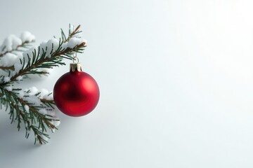 Snowy branch with red sphere on white background, Christmas decor, Snow covered tree, Red ball