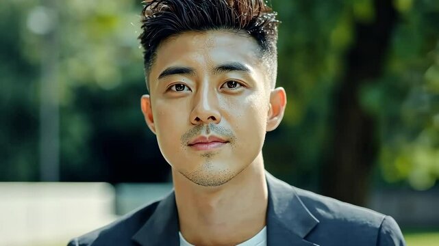 A handsome Asian man in a casual suit and white t-shirt. The background is a blurred green park, generative AI