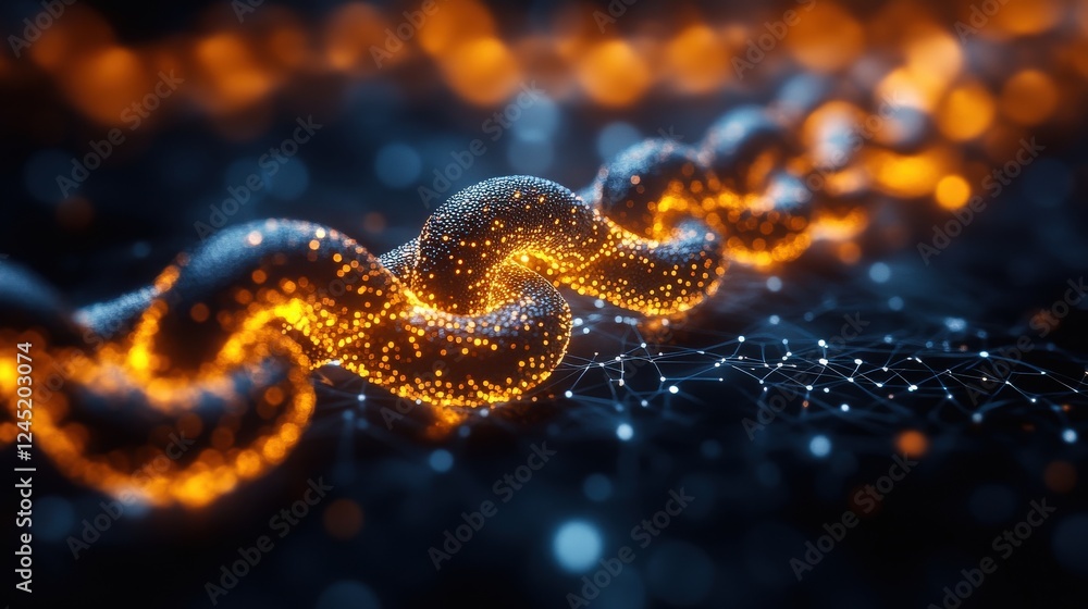 Poster close-up of a glowing chain link against a digital background representing connectivity and technolo