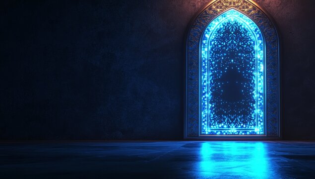 Glowing ornate archway in dark room.