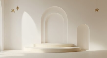 Minimalist beige arch podium display.