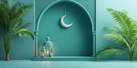 Teal Islamic Ramadan scene with crescent moon, lanterns, and palm trees.