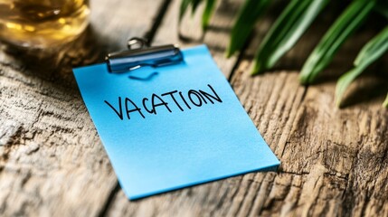 Vacation reminder on blue note with wooden background and green leaves