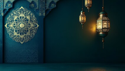 Elegant teal room with ornate wall and hanging lanterns.