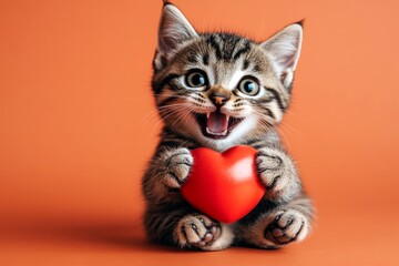 American shorthair - my treasured cat. Cute american shorthair kitty with animal toy red heart - sign of love, funny greeting card. Marketing idea. Cute pet valentine. Love and friendship.