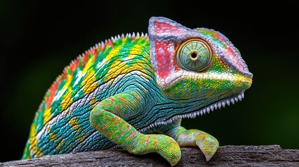 Fototapeta premium Colorful chameleon perched on wood, dark background, nature wildlife