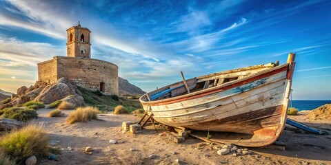 Obraz premium Abandoned Fishing Boat & San Miguel Tower, Cabo de Gata, Spain - Double Exposure