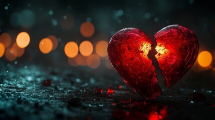 Broken red glass heart on wet surface with glowing orange bokeh lights