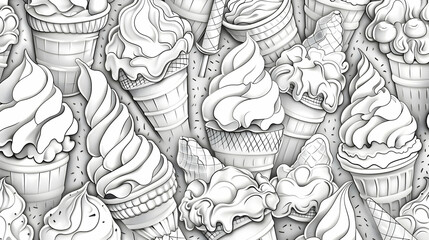A whimsical pattern of various ice cream cones and sundaes in a playful, monochrome design