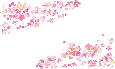 水彩画。水彩タッチの桜の花びら背景。水彩で描いた風に舞う桜の花びら。春の桜背景フレーム。Watercolor painting. Cherry blossom petals background with watercolor touch. Cherry blossom petals dancing in the wind, painted with watercolor. Spring cher