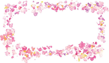 水彩画。水彩タッチの桜の花びら背景。水彩で描いた風に舞う桜の花びら。春の桜背景フレーム。Watercolor painting. Cherry blossom petals background with watercolor touch. Cherry blossom petals dancing in the wind, painted with watercolor. Spring cher