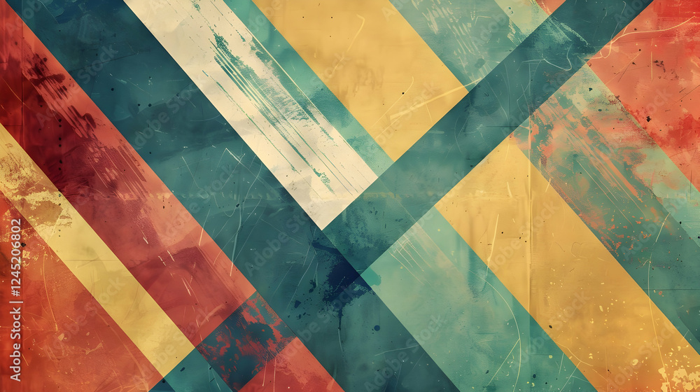 Poster abstract geometric pattern with vibrant colors and textured layers, suitable for backgrounds