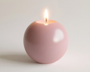 Soft pink wax candle, single flame burning in dark environment, warm cozy lighting, minimalist decor