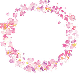 水彩画。水彩タッチの桜の花びら背景。水彩で描いた風に舞う桜の花びら。春の桜背景フレーム。Watercolor painting. Cherry blossom petals background with watercolor touch. Cherry blossom petals dancing in the wind, painted with watercolor. Spring cher