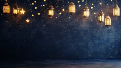Glowing lanterns and stars against a dark blue textured background.