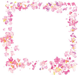 水彩画。水彩タッチの桜の花びら背景。水彩で描いた風に舞う桜の花びら。春の桜背景フレーム。Watercolor painting. Cherry blossom petals background with watercolor touch. Cherry blossom petals dancing in the wind, painted with watercolor. Spring cher