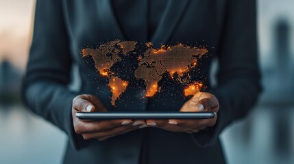 A professional holding a digital tablet displaying an illuminated world map, symbolizing global connectivity and the future of technology in business.