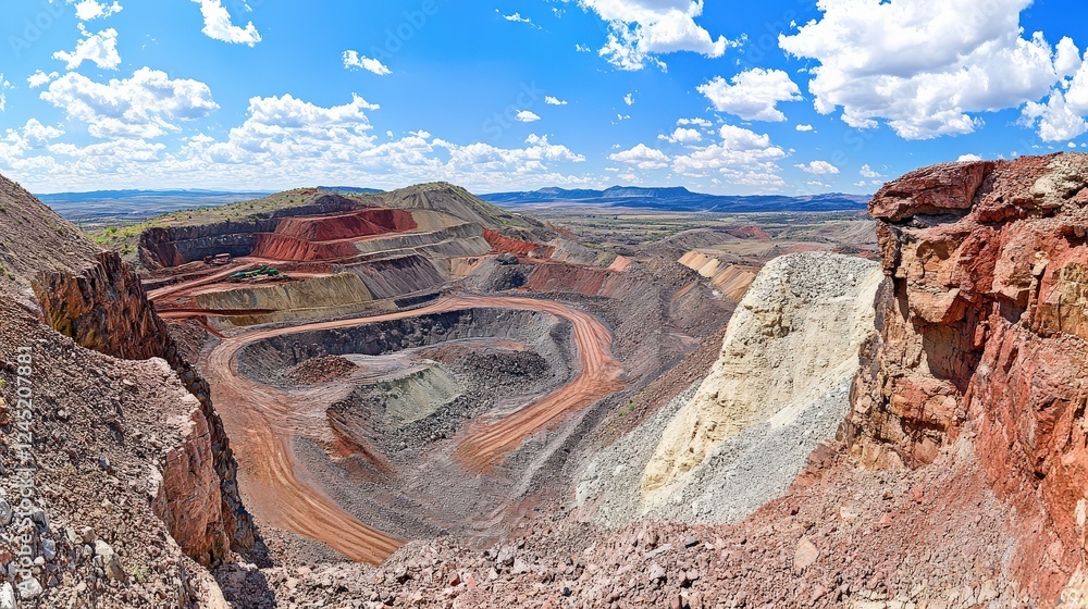 Poster panoramic view of a colorful open-pit mine under a bright blue sky with fluffy clouds