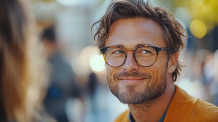 Obraz premium Smiling caucasian male with glasses outdoors on a sunny day