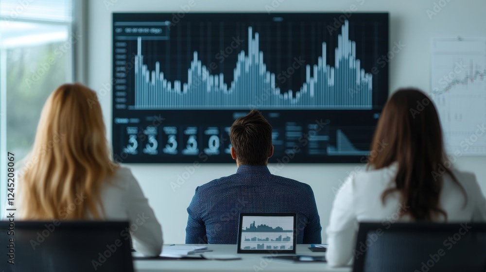 Aufkleber a team of professionals analyzing financial data displayed on a large screen. they focus on graphs, 