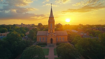Sunset over church, city skyline, campus, aerial view; website banner