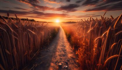 Dirt Path Through Golden Wheat Field at Sunset