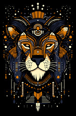 A lion with a gold and blue face is the main focus of the image. The lion is surrounded by a lot of intricate designs and patterns, giving it a very detailed and artistic appearance
