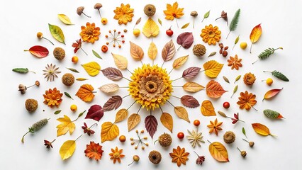 Obraz premium Autumn Mandala: Flat Lay of Fallen Leaves & Dried Flowers on White