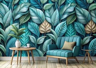 Cool-Toned Leaf Wallpaper Design: Elegant Teal and Silver Foliage Background