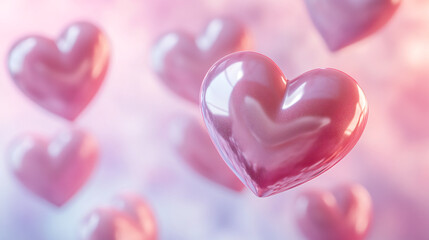 Obraz premium Floating pink hearts symbolize love and romance in a dreamy atmosphere.