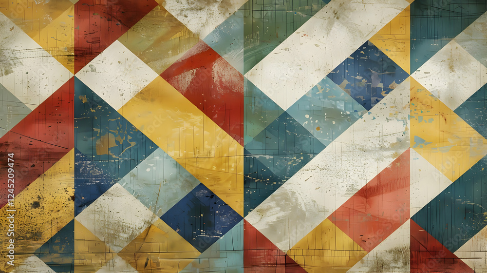 Poster colorful geometric pattern featuring a mix of triangles and rectangles with a vintage texture