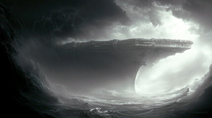 Obraz premium Apocalyptic Seascape: A colossal vessel battles monstrous waves under a stormy sky. A dramatic, dark fantasy artwork.