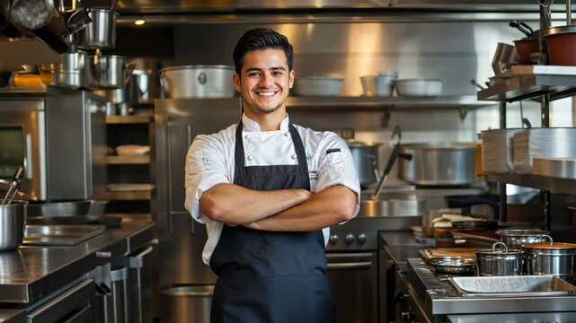 Confident chef in modern kitchen showcasing culinary mastery and professionalism