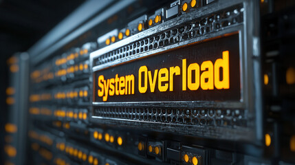 System overload warning displayed on digital interface with glowing orange text, indicating critical status