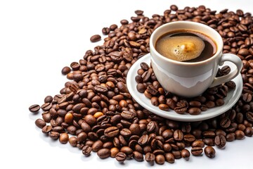Fototapeta premium Fresh Coffee Beans and Coffee, Aromatic Brew, Isolated White Background, Coffee Drink, Roasted Coffee Beans