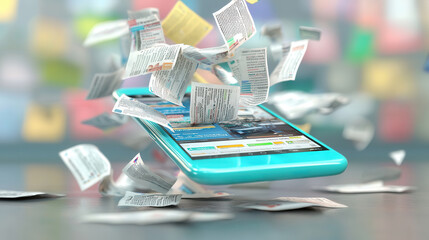Smartphone screen exploding with digital news articles and information overload, showcasing chaos of modern communication