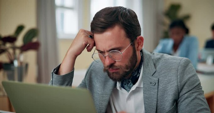 Stress, laptop and business man in office with error, glitch or confused with spam email for bankruptcy on internet. Computer, fail and worker with mistake, reading bad news or dismissal notification