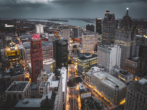 Detroit Skyline at Dusk with Illuminated Buildings and Streets