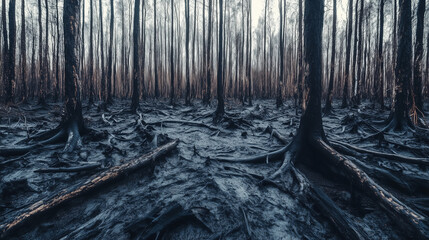 Dark desolate forest with dead trees, Broken braces, Scary