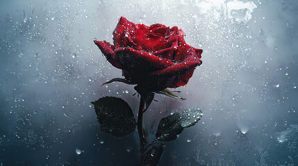 close up of single red rose with dew drops, symbolizing beauty and freshness. delicate petals glisten against blurred background