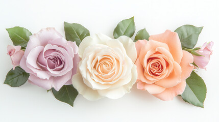Delicate arrangement of roses in soft tones of pink, peach, and lavender, showcasing their beauty and elegance