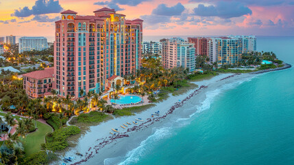 Naklejka premium Luxury Beach Resort at Sunset: Breathtaking Coastal View, Tropical Getaway