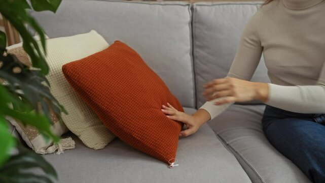Woman resting on a cozy couch in a modern living room with a vibrant cushion and natural light creating a serene and comfortable ambiance at home.