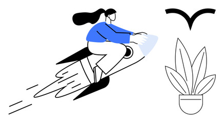 Woman with flowing hair rides a flying rocket past a plant and bird. Ideal for concepts of innovation, freedom, progress, success, creativity, leadership, exploration. Abstract line flat metaphor